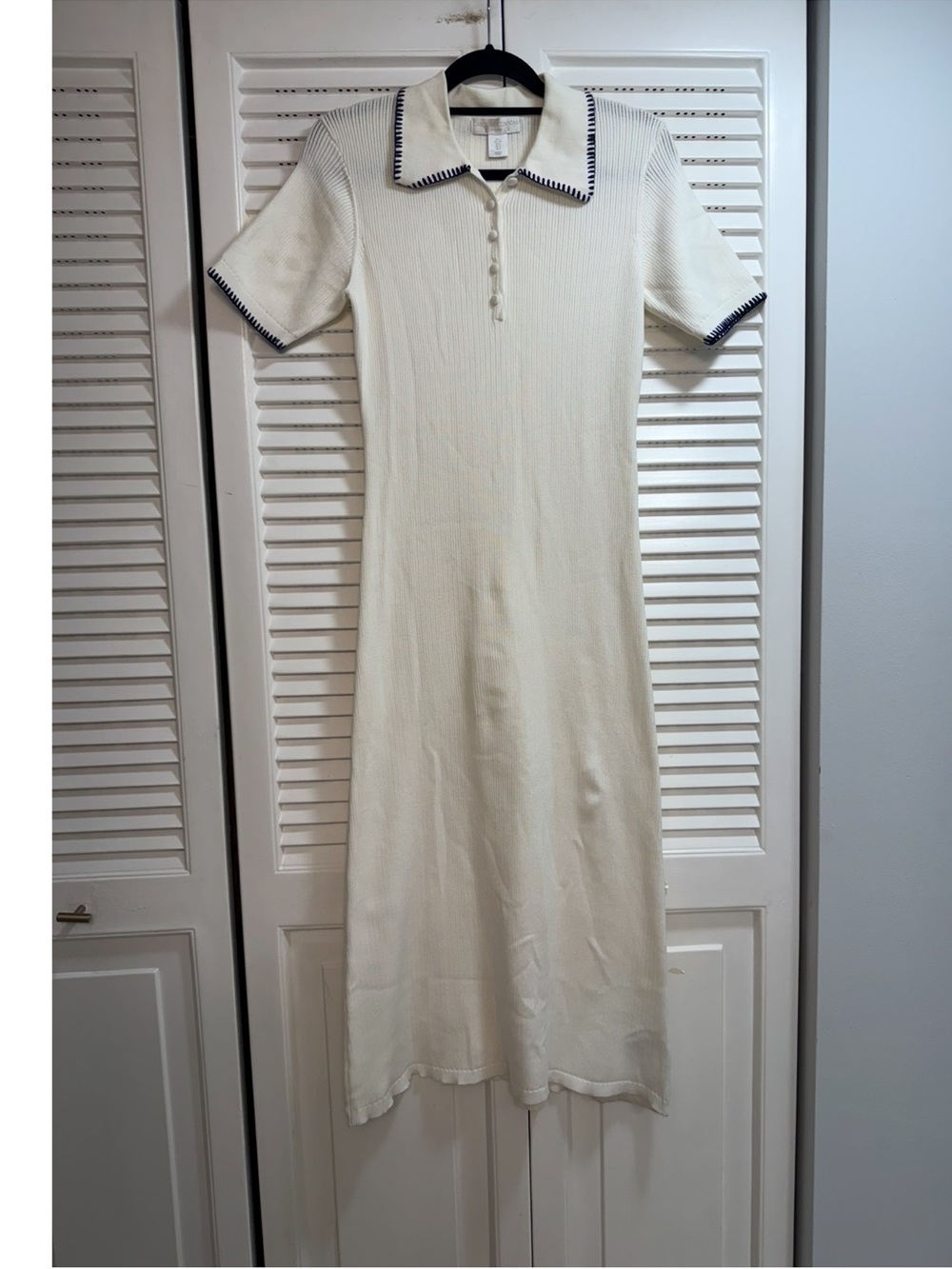 Caroline Constas Ivory Knit Midi Dress With Blanket Stitch Navy Trim